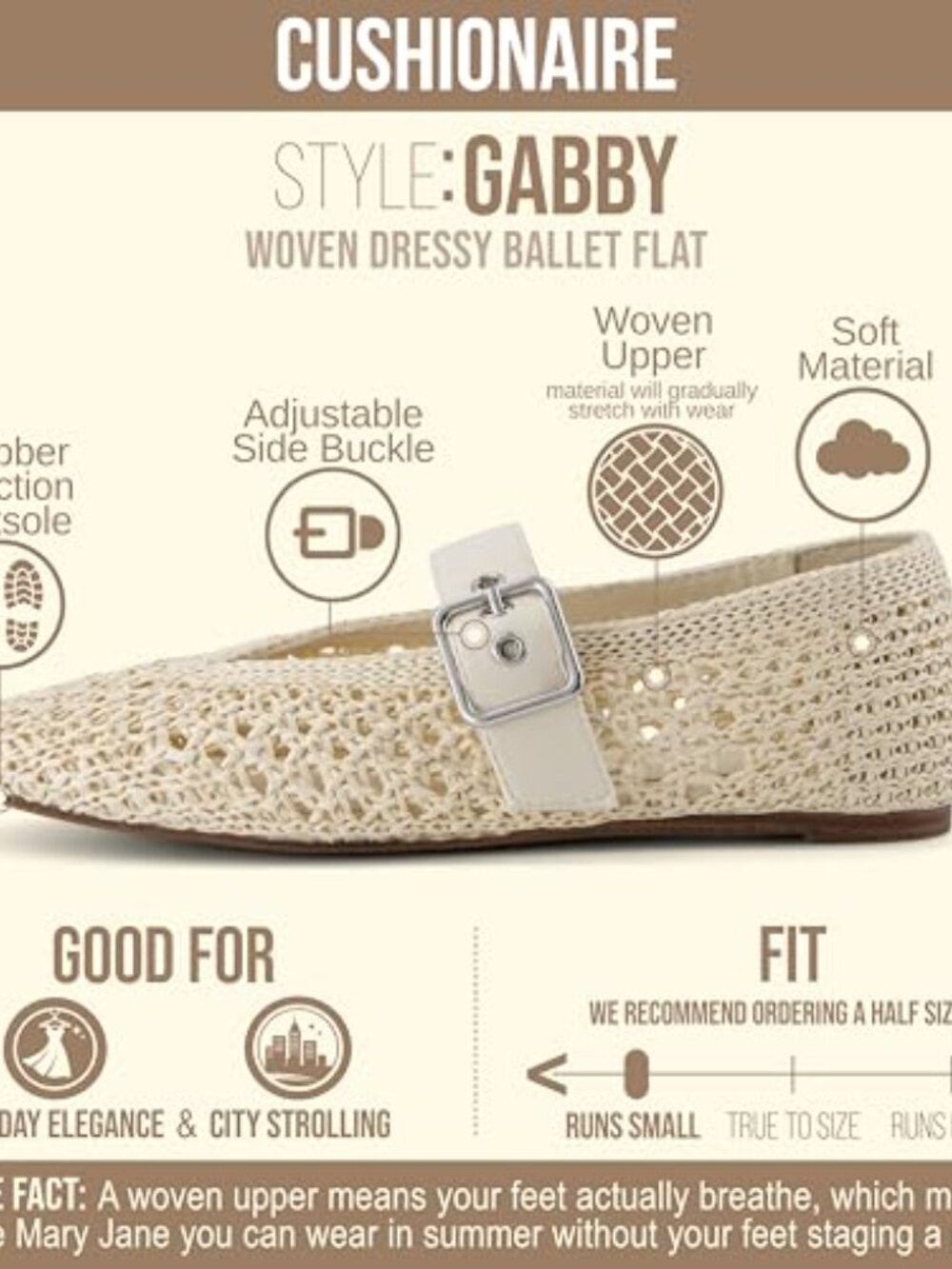 Woven Mary Jane Ballet Flats with Adjustable Gold-Tone Buckle, Memory Foam - Picture 4 of 7